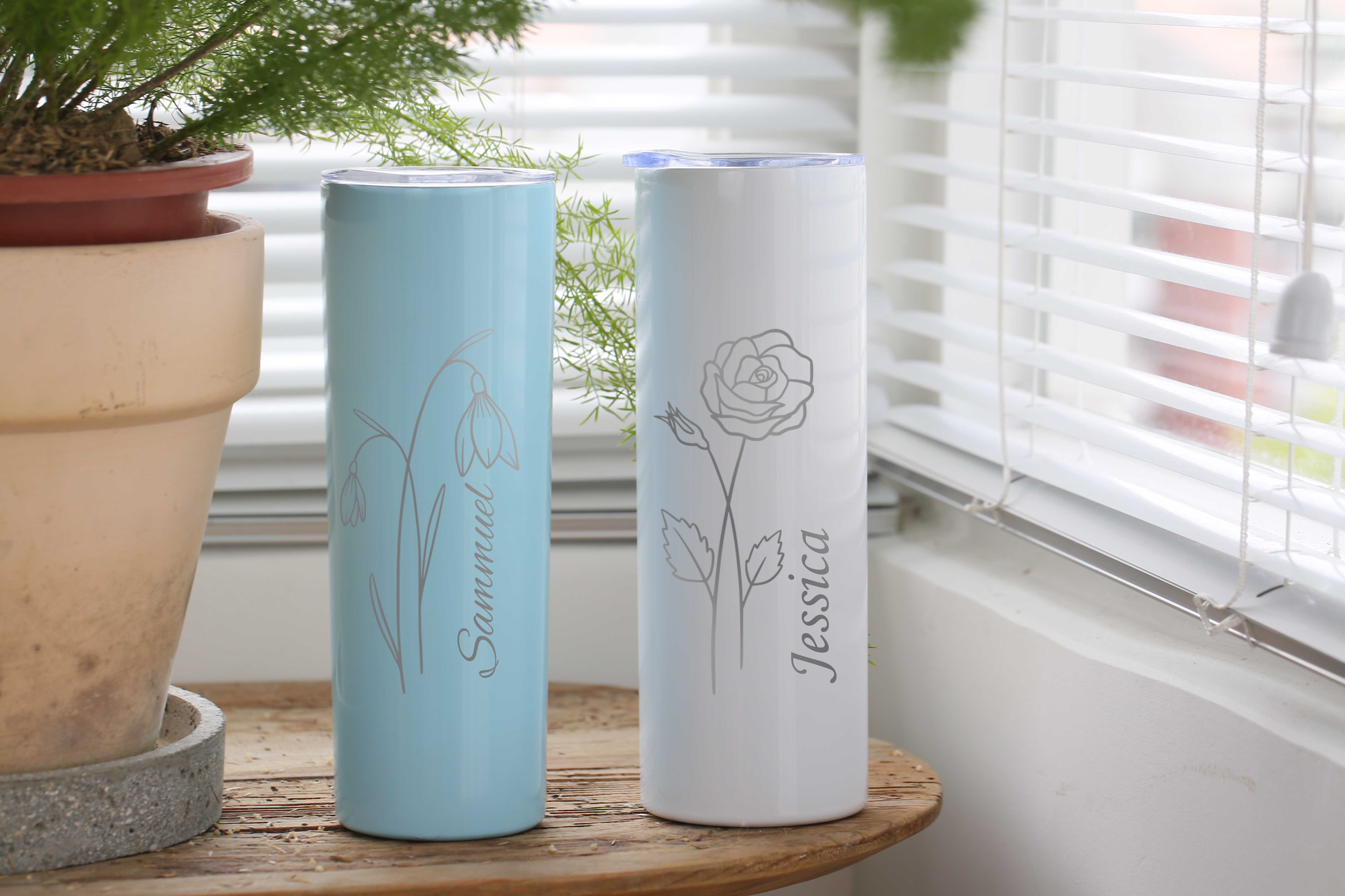 Personalized 20oz Engraved Birth Flower Tumbler, Custom Travel Mug, Stainless Steel Mug, Insulated Tumbler, Tumbler with Straw, Birth Flower